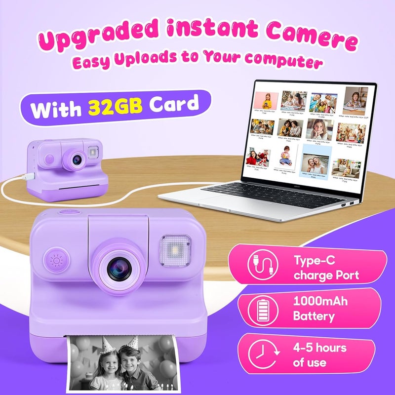 Elecoutek Kids Instant Print Camera, 30MP 1080P HD Digital Camera for Boys Girls with Color Pens & 32GB Card, Christmas Birthday Gifts Kids Toys for 3-12 Years Old (Purple) - Image 4